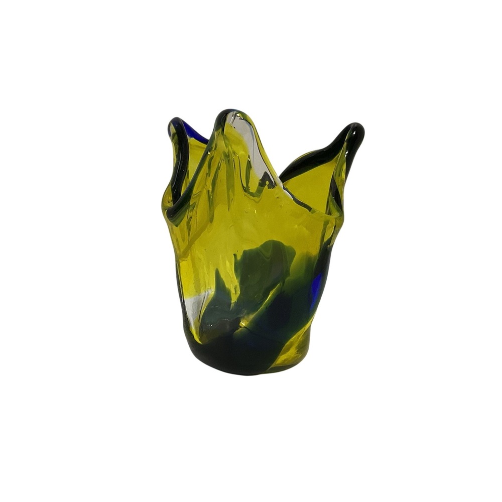 Large Handkerchief Vase Ombre Art Sculpture Handblown Yellow‎ Blue Green - Japan